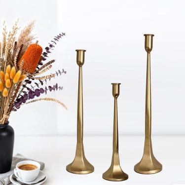 Imagem de Conjunto de 3 castiçais cônicos, castiçais de ferro fundido altos para casamento, mesa de jantar, decoração de Halloween e outono, decoração de casa (ouro, 30,5 cm 35,5 cm 39,4 cm)