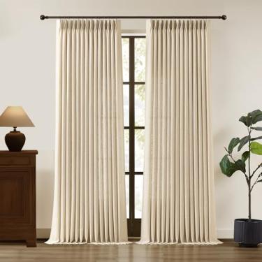 Imagem de Cortinas de linho plissadas com 246 cm de comprimento para sala de estar, cortinas plissadas com filtragem de luz bege areia texturizada grossa de teto semitransparente com ganchos para quarto de