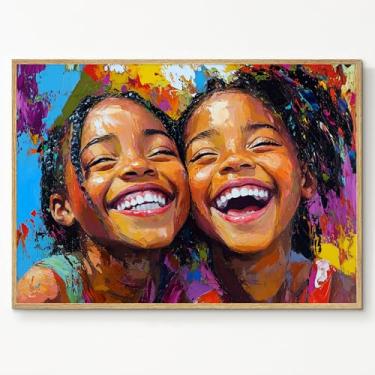 Imagem de Arte de parede em tela afro-americana para crianças negras quadro de crianças africanas pintura de pessoas negras abstratas arte de parede retratos de arte colorida decoração sala de estar 40 x 61 cm
