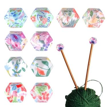 Imagem de 10 peças de rolhas de agulha de tricô, porta-agulhas de tricô com estampa hexagonal tropical, protetores de ponta, agulhas, tampas de ponta, tampas de ponto para acessórios, gadgets tamanho 3-13 (3,25