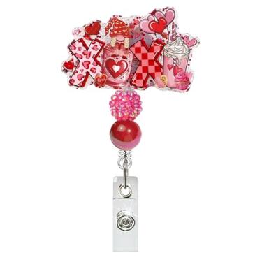 Imagem de Cordão retrátil para carretel de crachá de dia dos namorados com clipe retrátil para sobremesa com contas fofas coração anão glitter para enfermeiras CNA CMA Enfermagem Acessórios para Dia dos