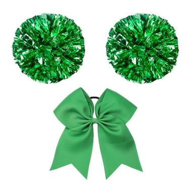 Imagem de Cosearlm 3 pompons de líder de torcida e grande laço de cabelo de líder de torcida metálico suprimentos de torcida para time Spirit Sports Dance Cheering (verde, tamanho único)