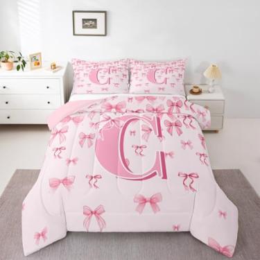 Imagem de jejeloiu Conjunto de edredom com laço rosa para meninas, solteiro, com laço fofo, letra C, edredom para quarto de crianças, meninos, meninas, monograma, laços coquetes, microfibra, ultramacia