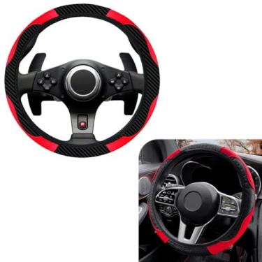 Imagem de HHZL Capa de volante vermelha e preta, conjunto de capas protetoras de volante de carro de fibra de carbono de 38 cm, acessórios universais de carro para mulheres e homens, respirável, decoração de