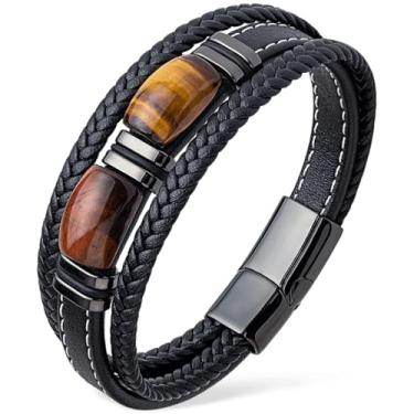 Imagem de VANFORWYN Pulseira masculina olho de tigre de couro trançado preto com proteção de pedra natural pulseira de aço inoxidável presente para ele, Medium, Couro, Sem Pedra Preciosa