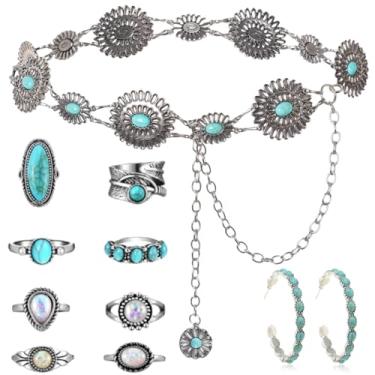 Imagem de stablerice 10 peças de joias turquesa ocidental para mulheres, bijuterias modernas, cintos turquesas, anel, brincos, conjunto de joias de cowgirl para mulheres, Standard, Ferro, Turquesa sintética