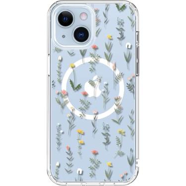 Imagem de ICEDIO Capa para iPhone 13 Mini com protetor de tela – Compatível com carregamento sem fio, proteção aprimorada para câmera, capa de telefone transparente com design floral moderno para mulheres