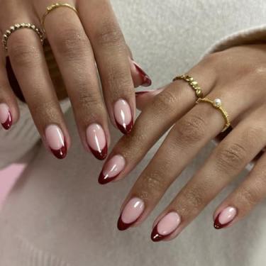 Imagem de Unhas postiças curtas médias amêndoas francesas bordô vermelho com flor simples Desien cobertura completa cola acrílica falsa em unha para mulheres, 24 peças