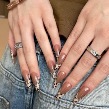 Imagem de Unhas postiças com estampa de leopardo francês de amêndoa longa com cobertura completa simples Desien cola acrílica falsa em unha para mulheres, 24 peças