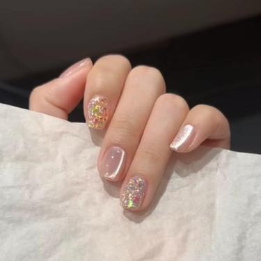 Imagem de Unhas postiças curtas quadradas médias fofas olho de gato com glitter simples Desien cobertura completa cola acrílica falsa em unha para mulheres, 24 peças