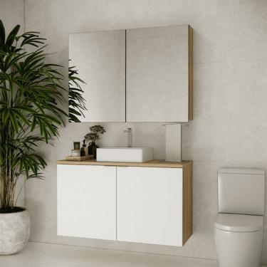 Imagem de Conjunto de Gabinete e Armário de Banheiro com Espelho Nature 4 Portas Carvalho e Branco 110 cm