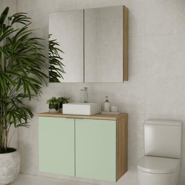 Imagem de Conjunto de Gabinete e Armário de Banheiro com Espelho Nature 4 Portas Carvalho e Verde 90 cm