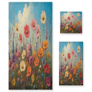 Imagem de ATTX Conjunto de toalhas de banho com pintura a óleo de flores silvestres de 3 peças - Ultra macio e de secagem rápida, toalhas de mão absorventes de grau de hotel e spa para banheiro #313