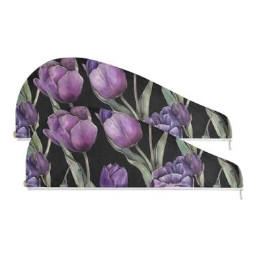 Imagem de SEHANY Toalha de cabelo de microfibra de flores coloridas elegantes para mulheres, 2 peças, turbantes de cabelo de secagem rápida com botão, touca de cabelo seco absorvente toalha de secagem de cabelo