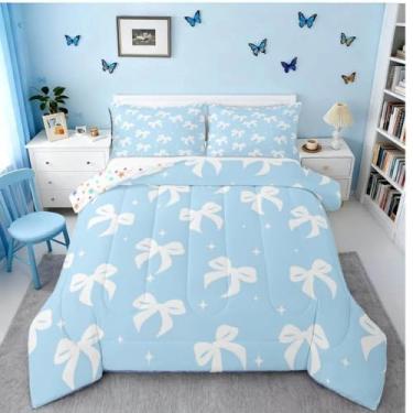 Imagem de Feelyou Conjunto de edredom com laço azul, solteiro, para meninas, meninos, meninas, fofo, com laço, edredom kawaii, decoração de quarto, estilo princesa sonhadora, microfibra, 2 peças com 1 fronha