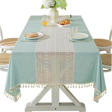 Imagem de Qubjus Toalha de mesa retangular de linho e algodão misto de poliéster com borlas minimalista, elegante, toalha de mesa durável para jantar de fazenda, decoração de casamento (azul, 139 x 192 cm)