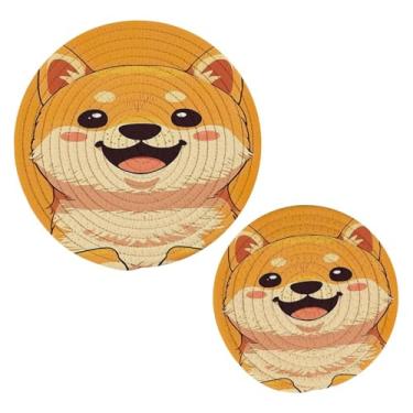Imagem de Blueangle 2 peças de suporte de panela para trivet de cachorro fofo Kawaii - conjunto de pegadores de panela de tecido redondo - almofadas quentes trançadas de algodão - porta-copos - tapetes de mesa