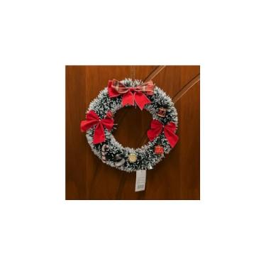 Imagem de Guirlanda Natalina de Porta, Verde, 25cm Diâmetro, Decoração com Laço, Tambor, Cereja e Bolas de Natal, Arame e Plástico