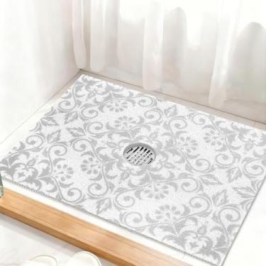 Imagem de Tapete de chuveiro quadrado antiderrapante: tapetes de chuveiro extragrandes de 81 x 61 cm com orifício de drenagem no meio - tapete de chuveiro antiderrapante de bucha de PVC para chuveiro interno