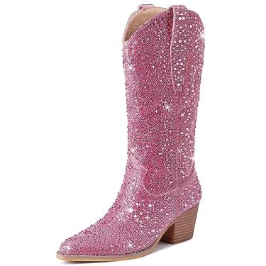 Imagem de Kalstage Botas de caubói com strass, botas femininas de bico fino, salto empilhado, glitter, brilhante, botas de caubói sem fecho, cano alto, botas ocidentais, Rosyred, 10