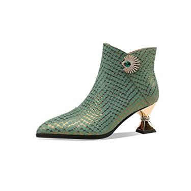 Imagem de TinaCus Bota feminina feita à mão de couro genuíno com strass estampada, zíper lateral, bico fino, salto médio, cano baixo, cano médio, Verde, 38