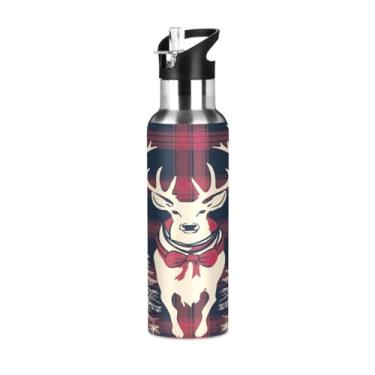 Imagem de Wassud Fundo xadrez com veado (1) Garrafa de água esportiva de aço inoxidável com isolamento a vácuo de 1000 ml com tampa de canudo à prova de vazamento, copo portátil para viagem de academia