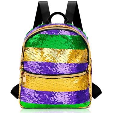 Imagem de Ylinge Mochilas femininas de lantejoulas para carnaval, bolsas de ombro ajustáveis para festas de carnaval de carnaval, Cor verde e roxo dourado combinando