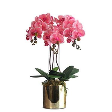 Imagem de LMJYU Arranjo de flores artificiais Phalaenopsis, orquídea artificial de aparência natural com vaso de cerâmica para decoração de casa