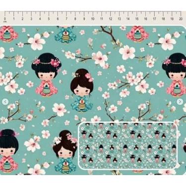 Imagem de Tecido Tricoline digital Coleção Cute Kokeshi Japonesas com cerejeira 50 x 150 cm