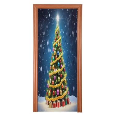 Imagem de Wassud Capa para porta de Natal, decoração de banner, 89 x 199 cm, grande árvore de Natal mágica, capa elástica para porta interna para varanda e porta da frente