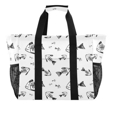 Imagem de Wassud Tulipas esqueletos de peixe preto reutilizável sacola grande bolsa de lona impermeável organizador para praia, piquenique, lavanderia, viagem