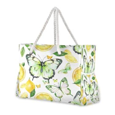 Imagem de Wassud Bolsa de praia grande borboleta limão para mulheres, impermeável, à prova de areia, bolsa de viagem com zíper e bolso para piscina academia acampamento