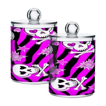 Imagem de STAYTOP 4 frascos de boticário com dispensador Qtip para banheiro com etiquetas – Recipiente de armazenamento Qtip de plástico transparente para bola de algodão, cotonete, grão de café - caveira de