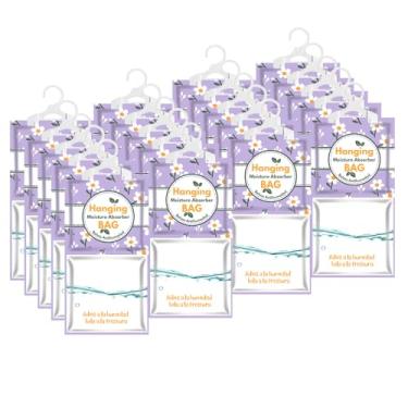 Imagem de Absorvente de umidade suspenso de alta pureza, pacote com 20 com carvão ativado, elimina odores de mofo durante verões úmidos, ideal para gavetas e guarda-roupas, 15% maior absorção de umidade. (roxo