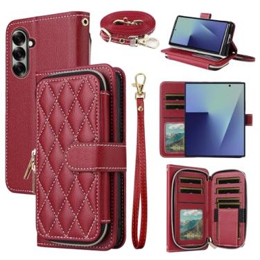 Imagem de Dswteny Argyle Capa carteira para Samsung Galaxy Z Fold 7 com alça de ombro de pulso, zíper couro PU flip acessórios suporte para cartão de crédito capa de celular para ZFold Z7 G Fold7 7Z mulheres