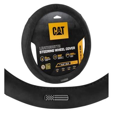 Imagem de Cat Capa de volante de couro Honor Line Flux com emblema de bandeira de metal, couro sintético preto, padrão de 14,5 a 15,5 polegadas, conforto antiderrapante, capa de volante de carro para SUV de