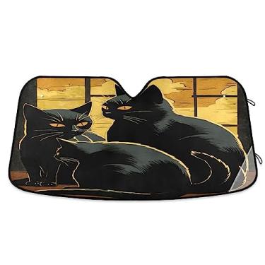 Imagem de Para-brisa Retrô Amarelo Abstrato Três Gatos Para-brisas Dobrável, Proteção UV Persiana Dobrável para Janela de Carro, SUV, Caminhão