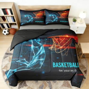 Imagem de Yadangxiawa Conjunto de edredom de basquete para meninos, solteiro, para adolescentes, estampa de bolas de basquete, com colcha e fronha (solteiro)