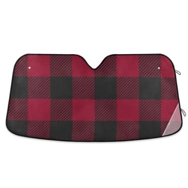 Imagem de Para-brisa de carro xadrez preto vermelho búfalo, para-sol dobrável para janela de carro, proteção UV, persiana dobrável para para-brisa para SUV