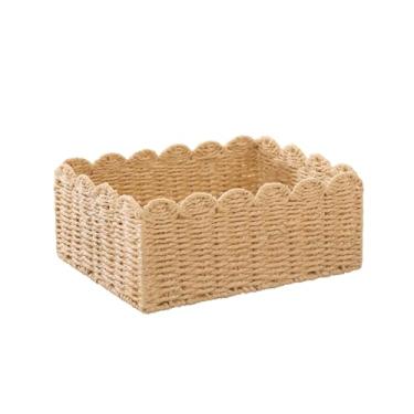 Imagem de Cesta de armazenamento de corda de papel com borda de pétala bege com moldura de ferro, leve e resistente, 35 x 26 x 14 cm, perfeita para decoração e organização de casa