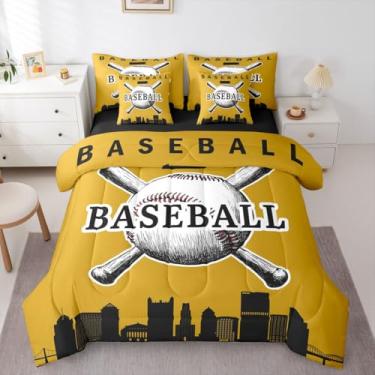 Imagem de Erosebridal Jogo de cama de beisebol, 7 peças, softball, meninos, tamanho casal, para decoração de quarto de crianças, adolescentes, beisebol, cidade (Pittsburgh), amarelo e marrom