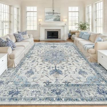 Imagem de RELEANY Tapetes de área 25 x 35 cm, lavável, antiderrapante, estampa floral, vintage, tapete medalhão para sala de estar, quarto, sala de jantar, azul claro, azul-marinho, bege, cinza, branco