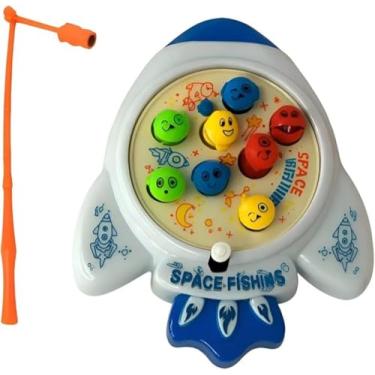 Imagem de Jogo de Pescar Espacial com Vara, 8 Peixes Coloridos com Carinhas, Foguete Branco e Azul, 11 Peças, Mecanismo a Corda