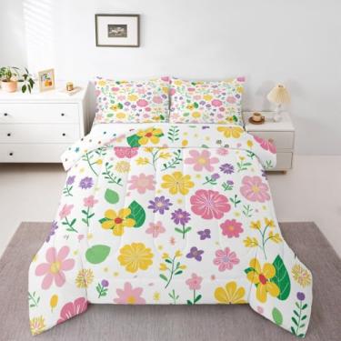Imagem de jejeloiu Conjunto de edredom floral, tamanho casal, planta, fazenda, jardim, edredom para quarto de crianças, meninos, meninas, decoração fofa de microfibra amarela e rosa, ultramacia e respirável
