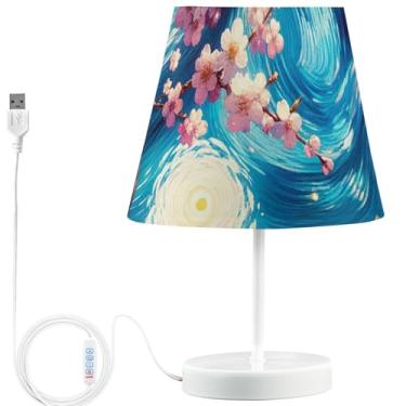Imagem de TSENQUE Candeeiro de mesa USB de noite estrelada flor de cerejeira bonito lâmpadas LED brilhantes para mesinhas noturnas, lâmpada de luz quente regulável, decoração de quarto de crianças