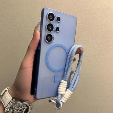 Imagem de Capa com alça de pulso fosca para Samsung Galaxy S25 S24 Ultra S22 S23 Plus Cordão Rígido PC Magnético à prova de choque Capa fina, Azul Claro, para Samsung S25 Plus