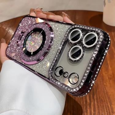 Imagem de Capa com suporte e glitter de diamante para iPhone 17 16 15 Pro Max 14 Plus 13 12 Air com acabamento cromado e strass em degradê (para iPhone 11/RoxoSF)