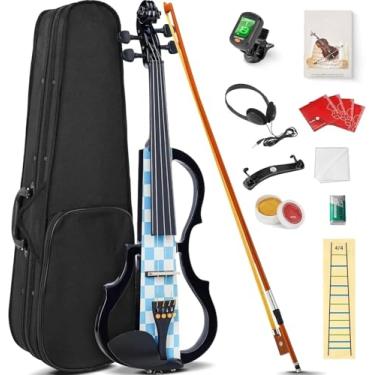 Imagem de VEDO Violino Elétrico, Conjunto de Violino Elétrico Silencioso 4/4, Violino de Madeira Maciça e Metal, com Acessórios em Ébano, Kit para Iniciantes Adultos e Adolescentes (Xadrez Azul e Branco)