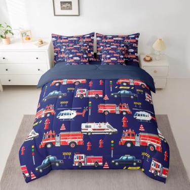Imagem de jejeloiu Conjunto de edredom solteiro com caminhão de bombeiros, carro, veículo de bombeiros, para meninos, meninas, adolescentes, azul vívido, 7 peças
