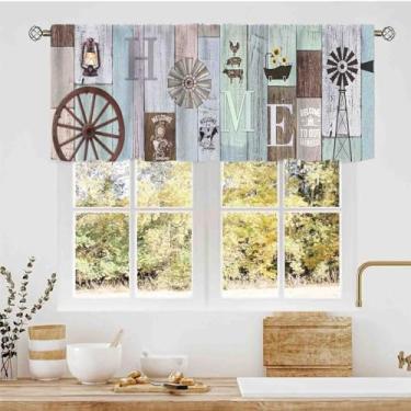 Imagem de Sanefa de cozinha rústica, animais de fazenda rústica, vaca, galinha, porco, cabana, moinho de vento, tábua de madeira, azul antigo, bolso para varão, cortinas para janela pequena para café, sala de